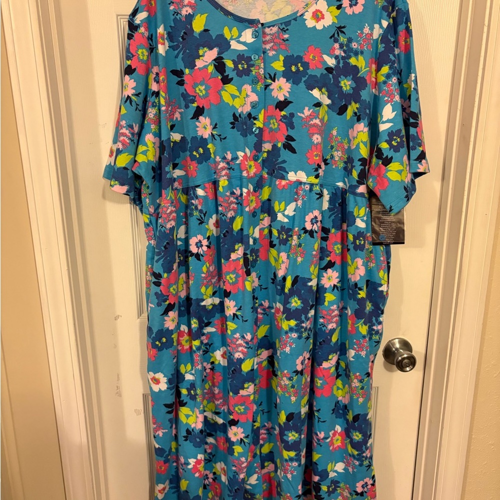 BNWT Woman Within paradise blue floral empire waist button up knit dress 3x Peti